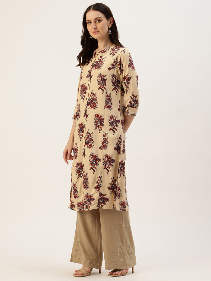 Beige Floral Jaal Printed A-Line Kurta