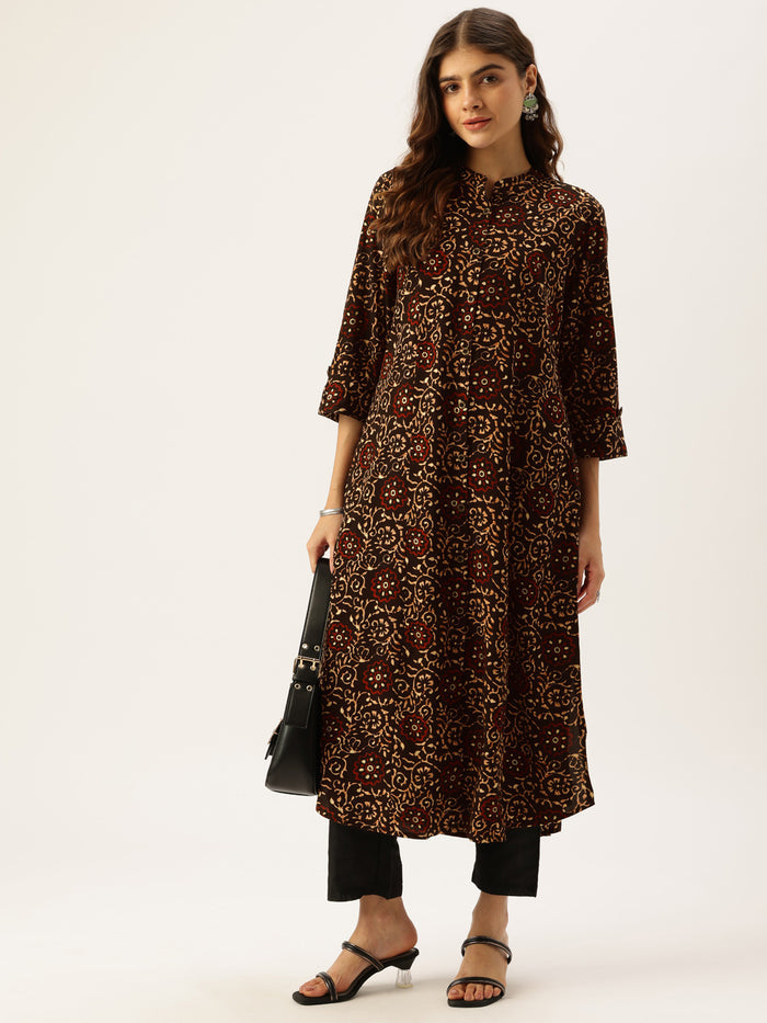 Black Floral Printed Mandarin Collar Straight Kurta