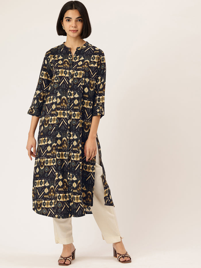 Black Geometric Printed A-Line Kurta