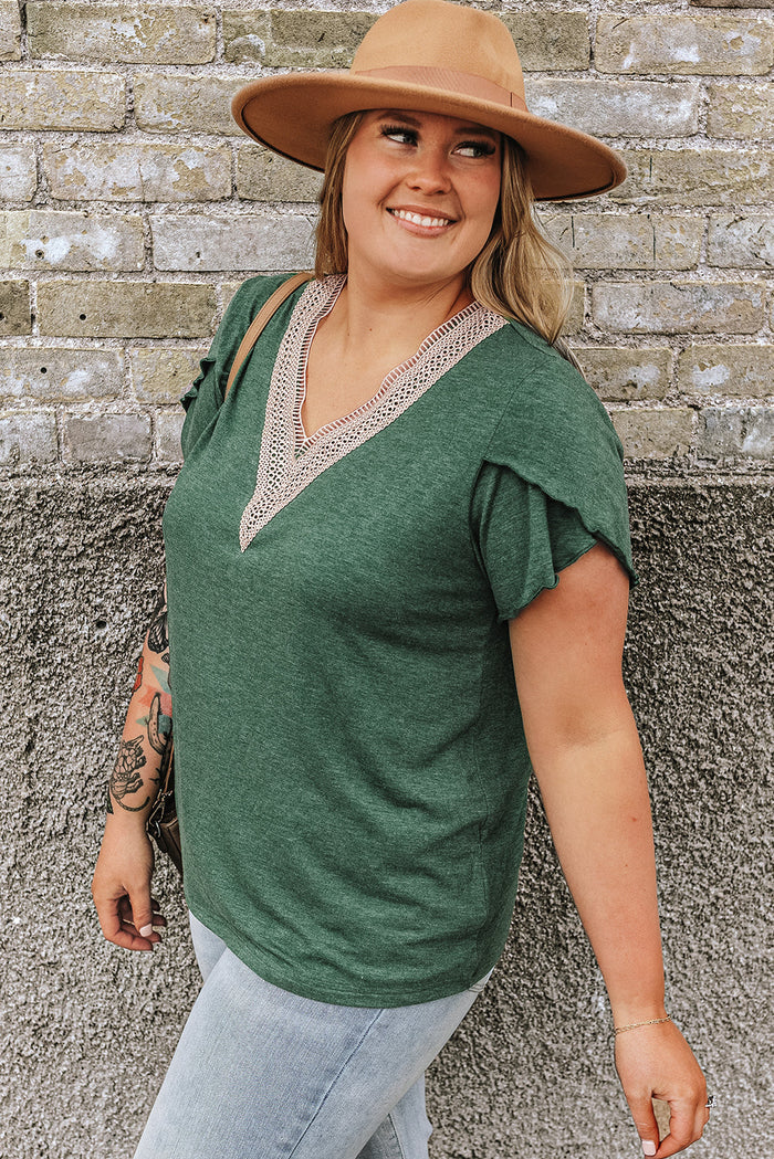 Blackish Green Plus Size Embroidery V Neck Draped Sleeve Blouse - Size/Plus Tops/Plus Blouses & Shirts