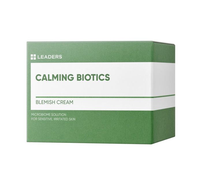 Green and white box packaging for Calming Biotics Blemish Cream | Leaders, a skincare product for sensitive, irritated skin with a microbiome solution.