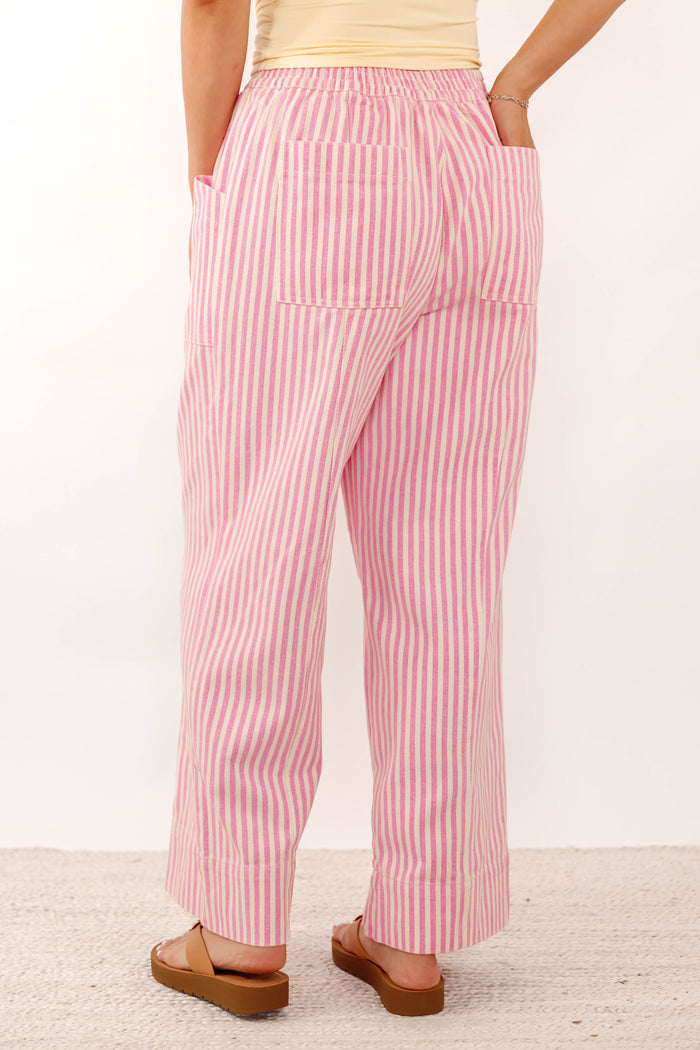 Pink Striped Wide Leg Drawstring Pants- Women's Pink Denim Pants- &Merci Striped Denim
