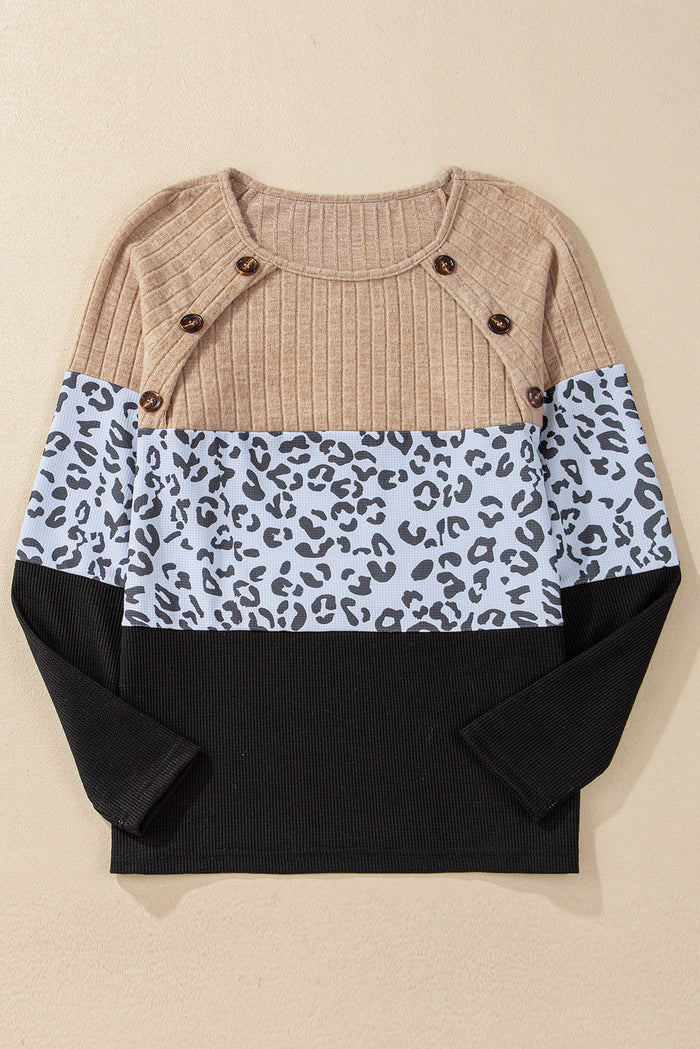 Grey Cheetah Textured Patchwork Buttoned Round Neck T Shirt - Tops/Long Sleeve Tops