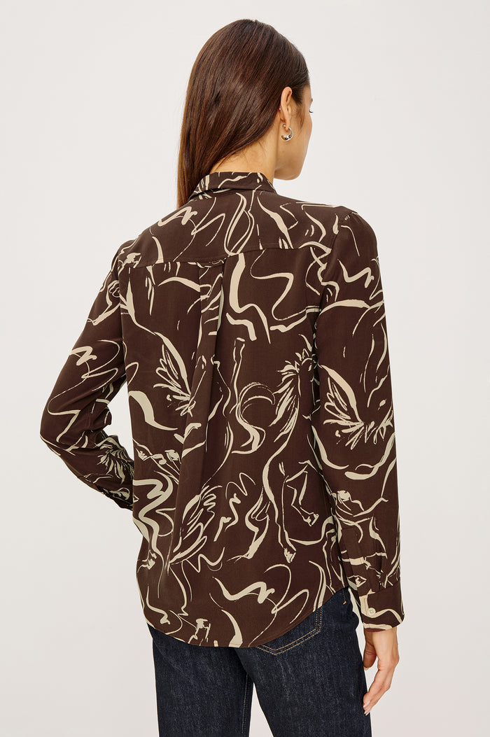 Kate Button-Up Collared Shirt in Washed Silk With Front Buttons, Long Sleeves, and Chest Patch Pocket in Brown Colt Colorway - Upper Body Back View Featured on Model