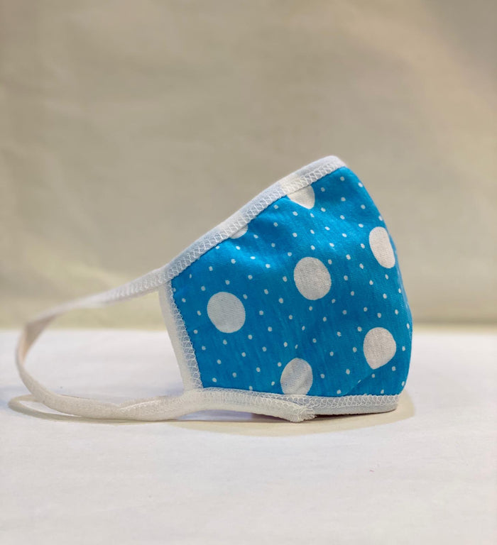 Kid's Cotton Unisex Blue & White Polka Dots Printed Cloth Face Masks