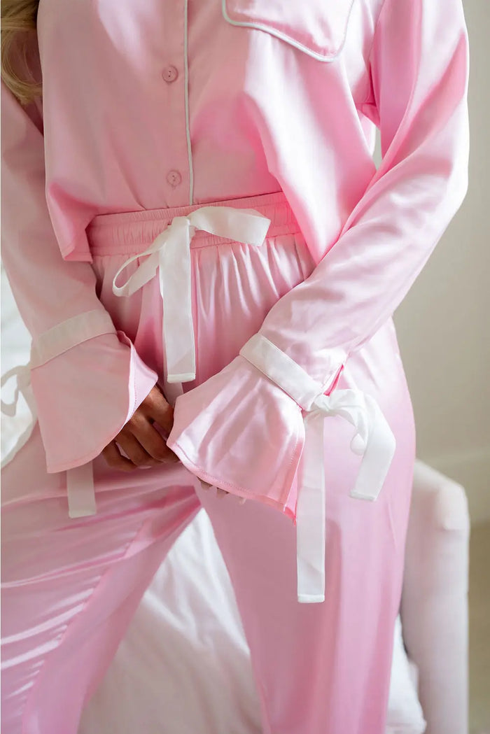 Light Pink Satin Knot Accent Shirt and Ruffled Pants Lounge Set - Loungewear & Sleepwear/Sleepwear