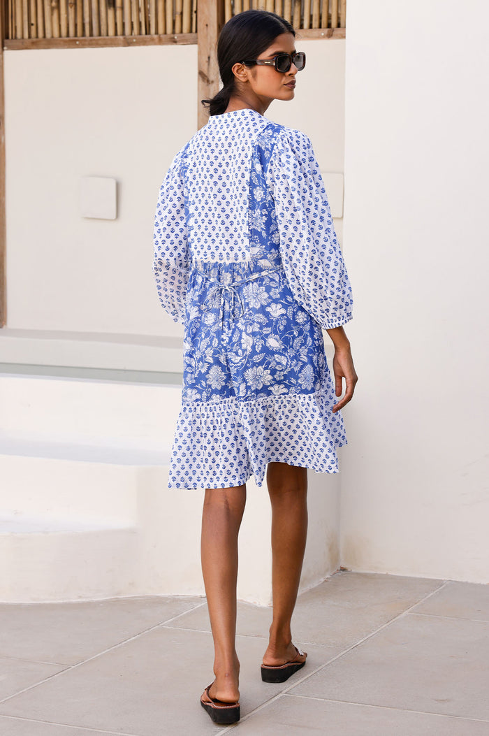 Marina Organic Cotton Print Mix Dress | Cobalt/White