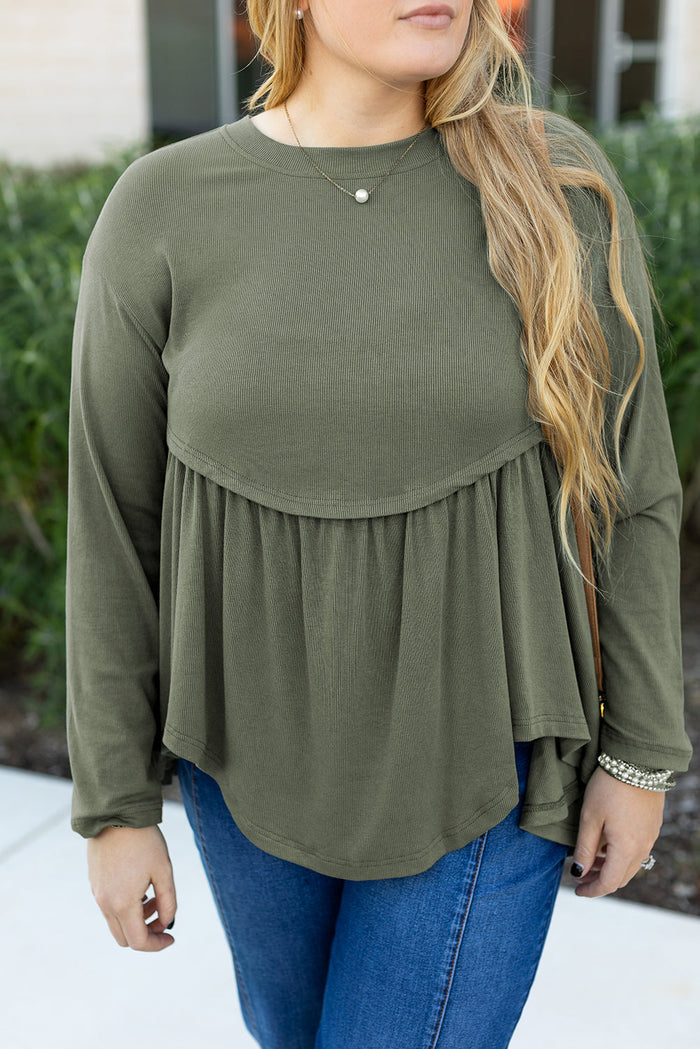 Mist Green Plus Size Thermal Knitted Babydoll Flare Top - Size/Plus Tops/Plus Long Sleeve Tops