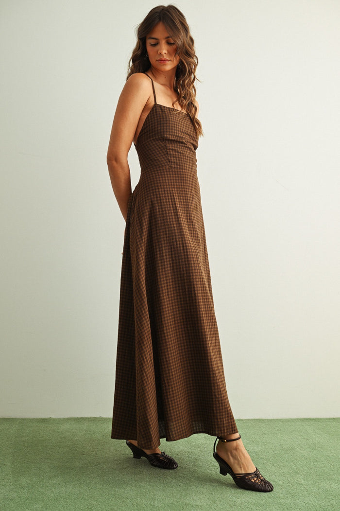 Nikki Gingham Pattern Brown Maxi Dress