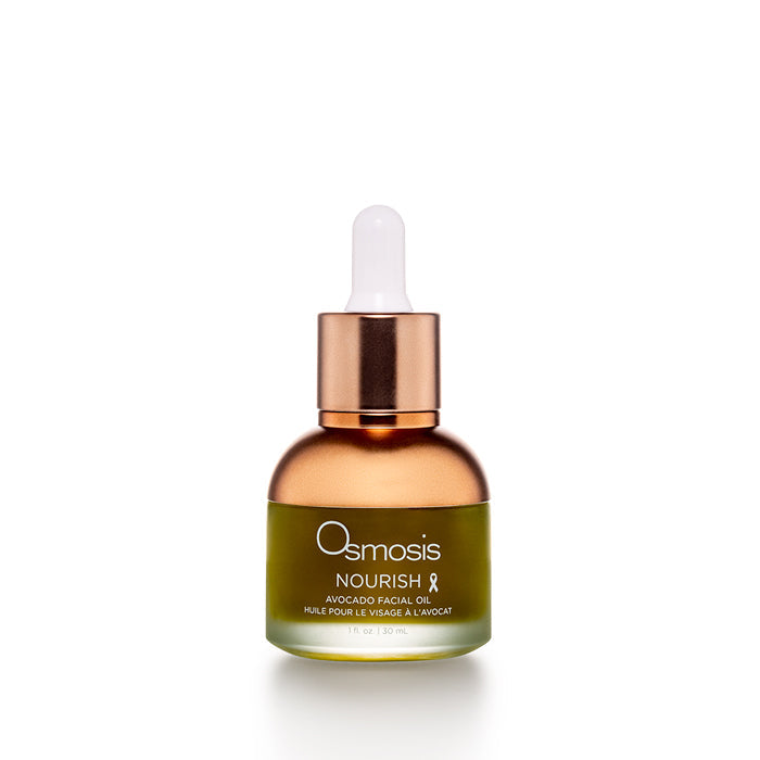 Bottle of Nourish - Avocado Facial Oil | Osmosis with a green base and a copper-colored dropper cap, designed for skincare and wellness.