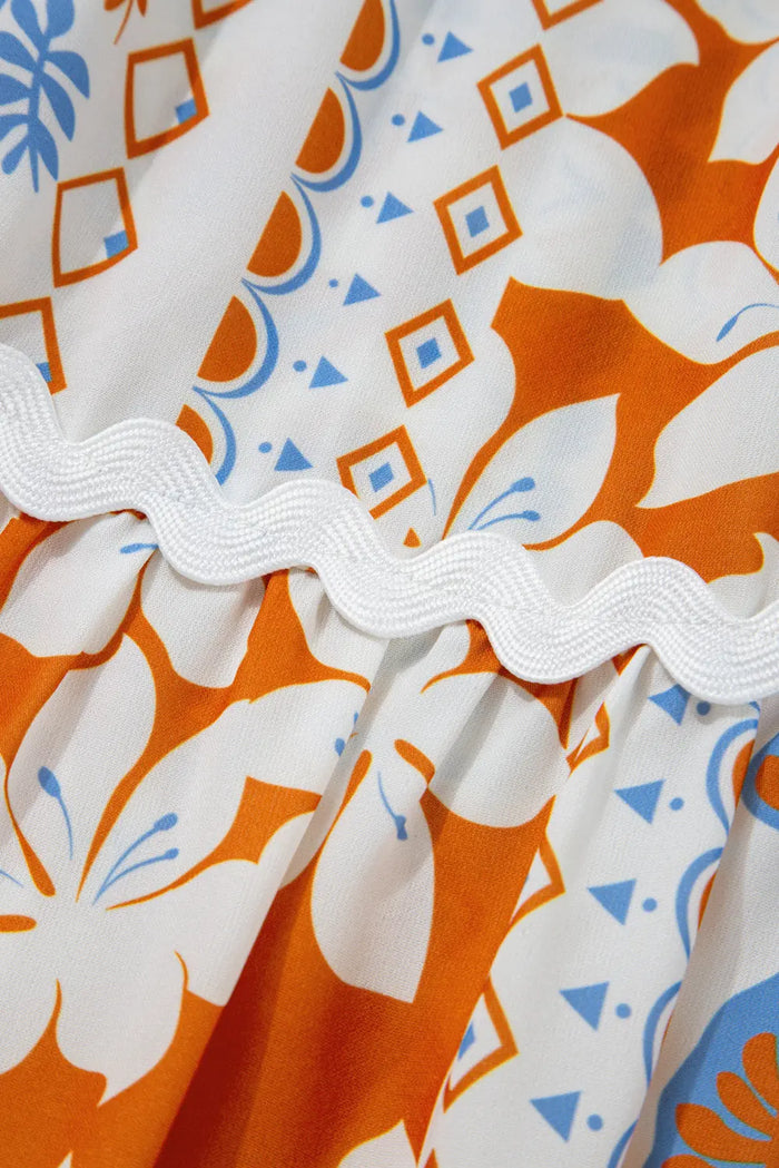 Orange Multi Printed Ricrac Trim Spaghetti Straps Maxi Dress - Dresses/Maxi Dresses