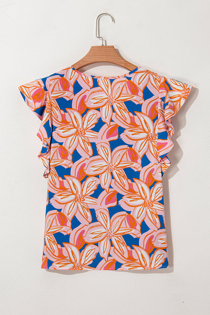 Orange Summer Flower Print Notched Neck Ruffle Sleeve Blouse - Tops/Blouses & Shirts