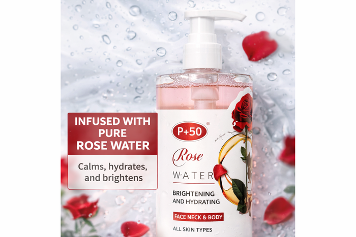 P+50 Rose Water Brightening & Hydrating Skin Toner (400ml) – Face, Neck & Body!