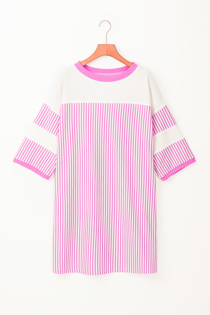 Phalaenopsis Striped Patchwork Three Quarters Sleeve Loose Mini Dress - Dresses/Mini Dresses