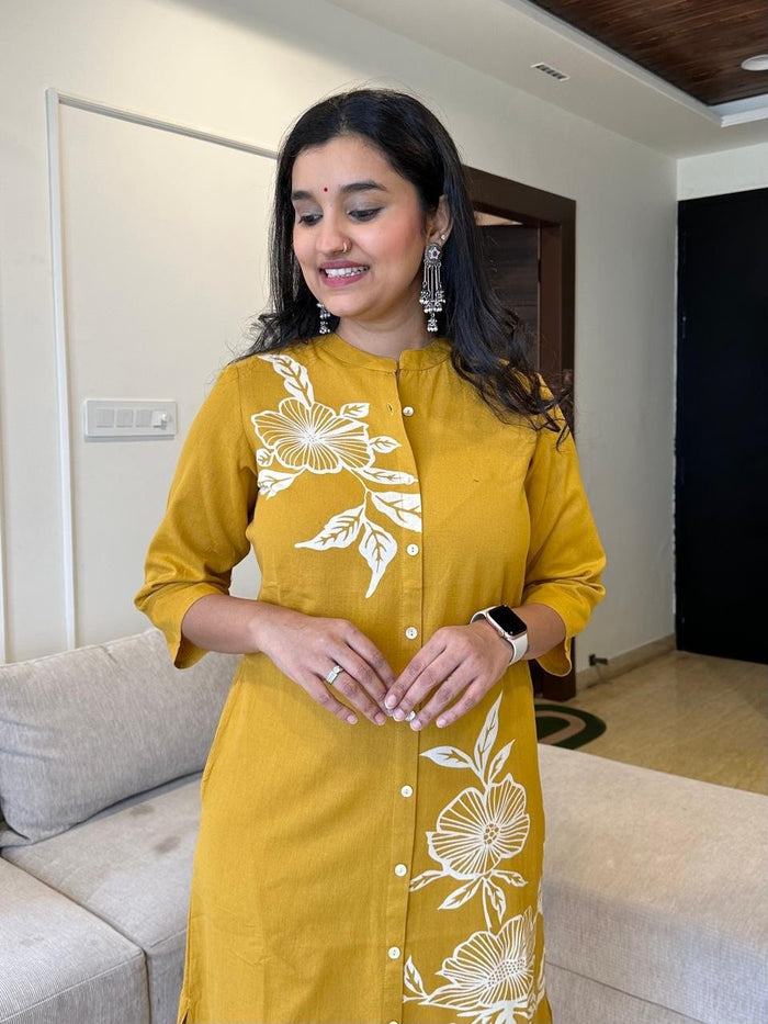 Phool Cropped Pant Set- Mustard