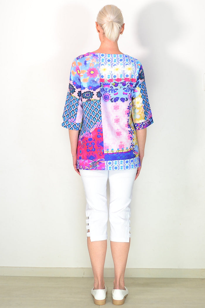 Pink Blue Linen Cotton Casual Tunic Top