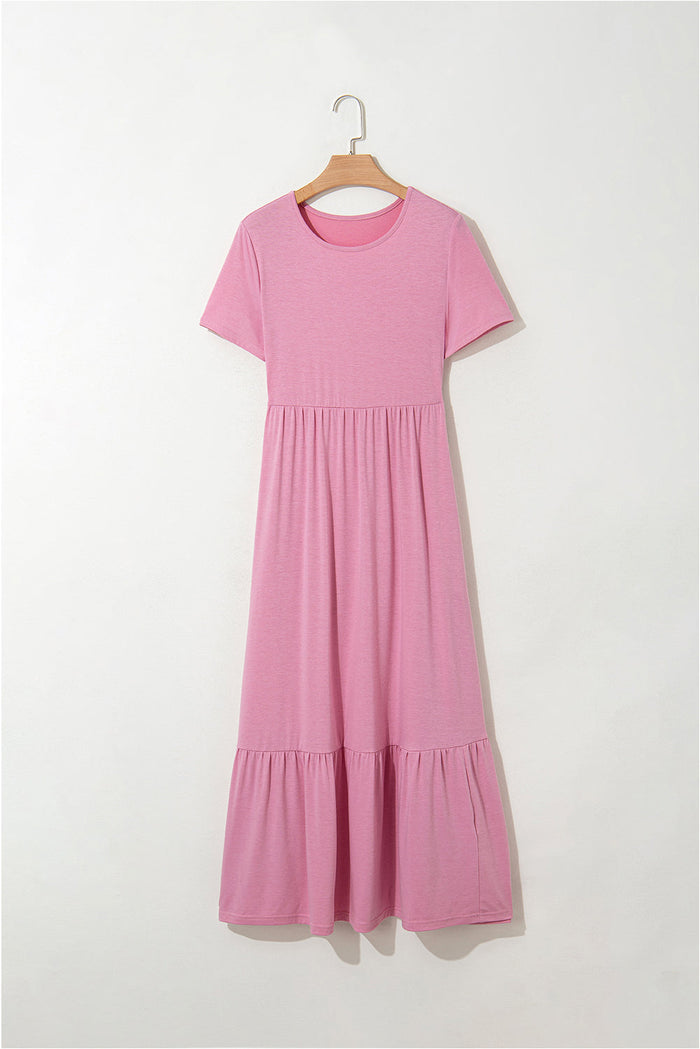 Pink Solid Colour T-shirt High Waist Pocketed Long Dress - Dresses/Maxi Dresses