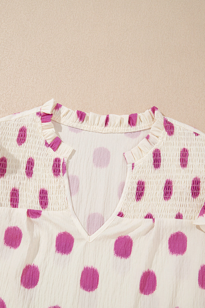 Rose Polka Dot Print Shirred Yoke Notched Neck Balloon Sleeve Blouse - Tops/Blouses & Shirts