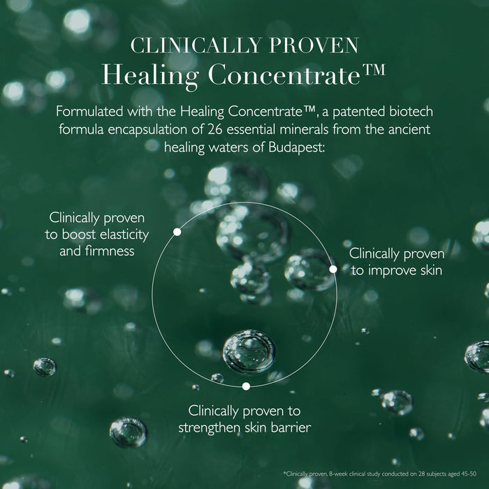 Close-up image of water droplets with text overlay describing Healing Concentrate™, a patented biotech formula with 26 essential minerals proven to boost elasticity, improve skin, and strengthen skin barrier, promoting skincare benefits related to Queen of Hungary Mist | Omorovicza.