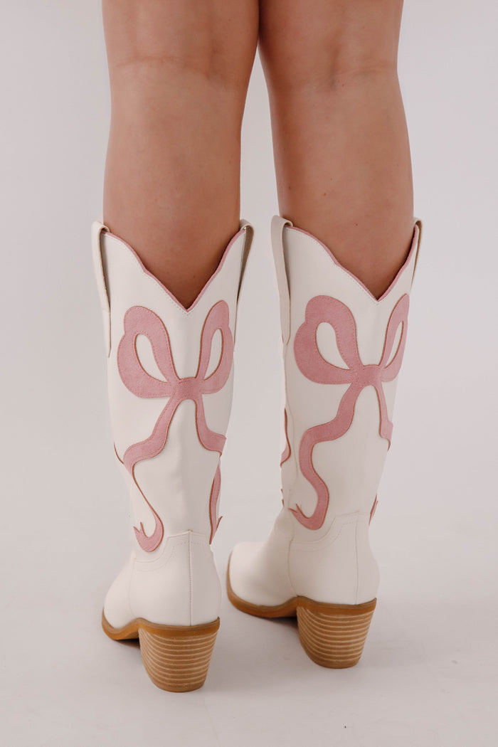 White Western Boots with Pink Bows- White Cowboy Boots with Pink Bow- Miim Bowie Boots