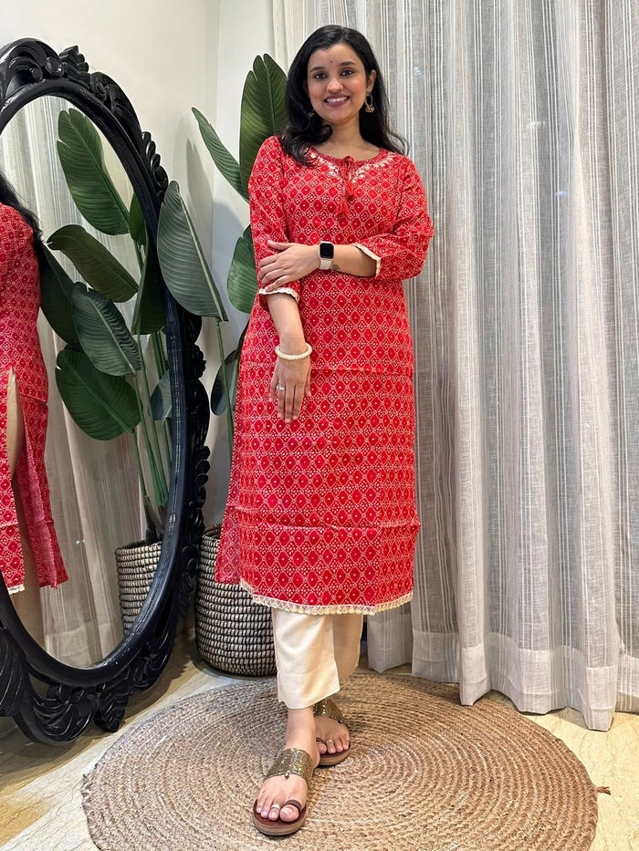 Simple Bandhej Kurta- Red