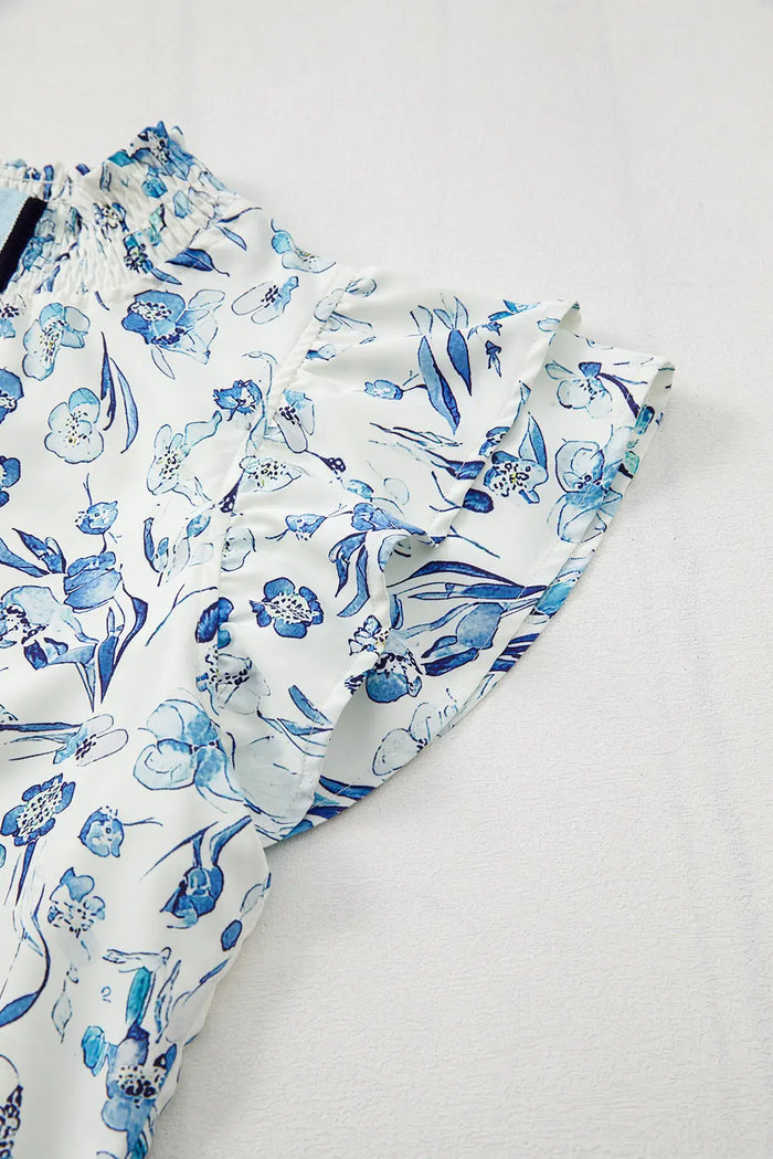 Sky Blue Floral Print Ruffled Short Sleeve Blouse - Tops/Blouses & Shirts