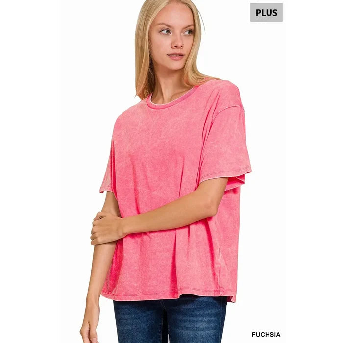 T-Shirts - Washed Short Sleeve Top, Teal, Fuchsia, Or Plum, Plus Size