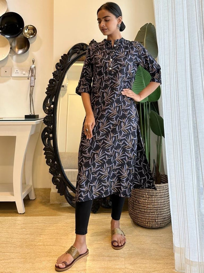 Weekend Rayon Kurta- Navy Leaves