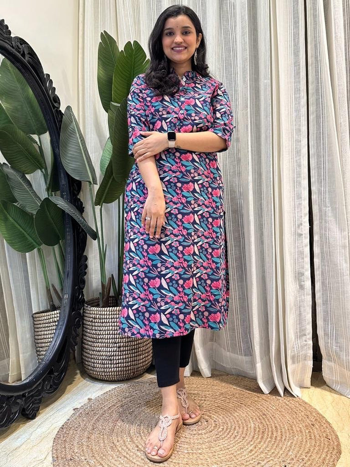 Weekend Rayon Kurta- Navy Multi Leaves