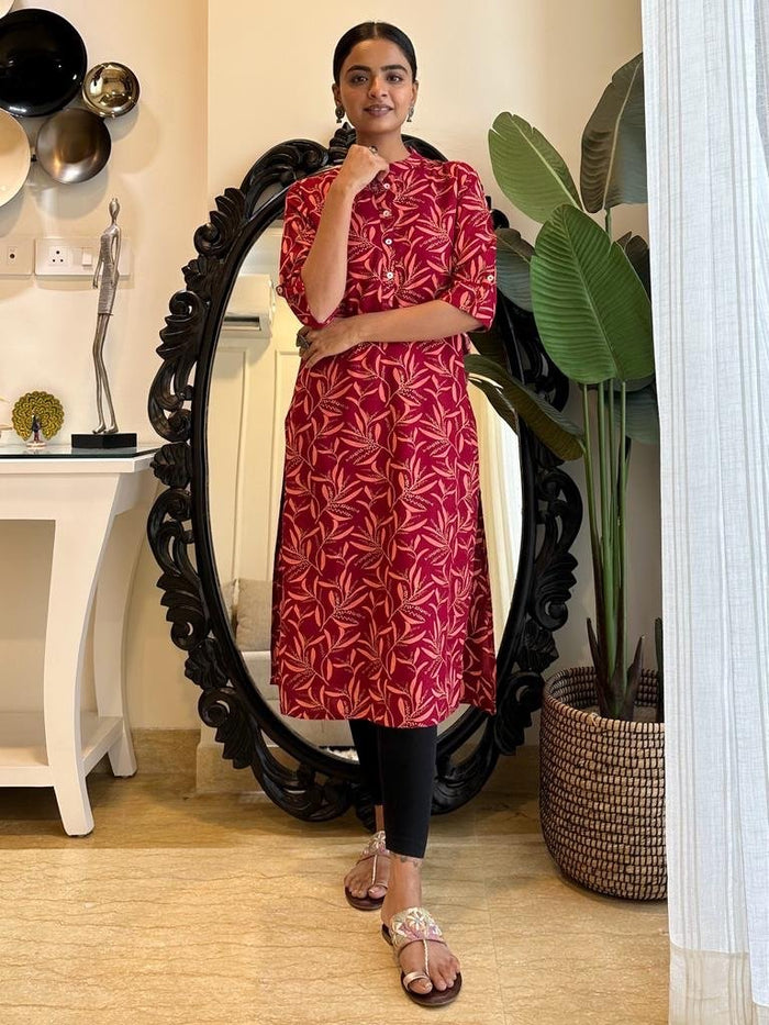 Weekend Rayon Kurta- Red Leaves