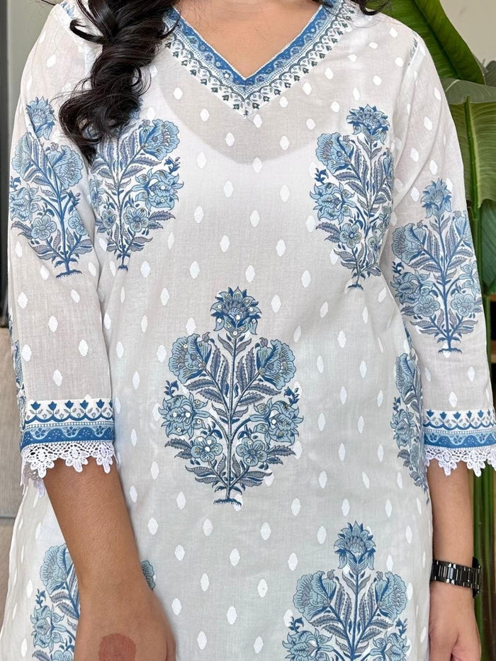 White Blue Boota Afghan Cotton Set