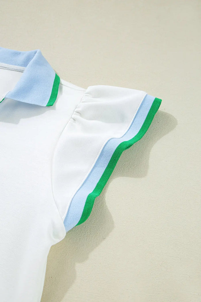 White Colourblock Edge Cap Sleeve Collared Top 2 Piece Skirt Set - Two Sets/Two Dresses