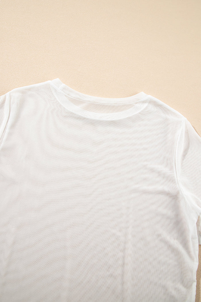 White Solid Colour Sheer Mesh Patchwork Short Sleeve Top - Tops/Tops & Tees