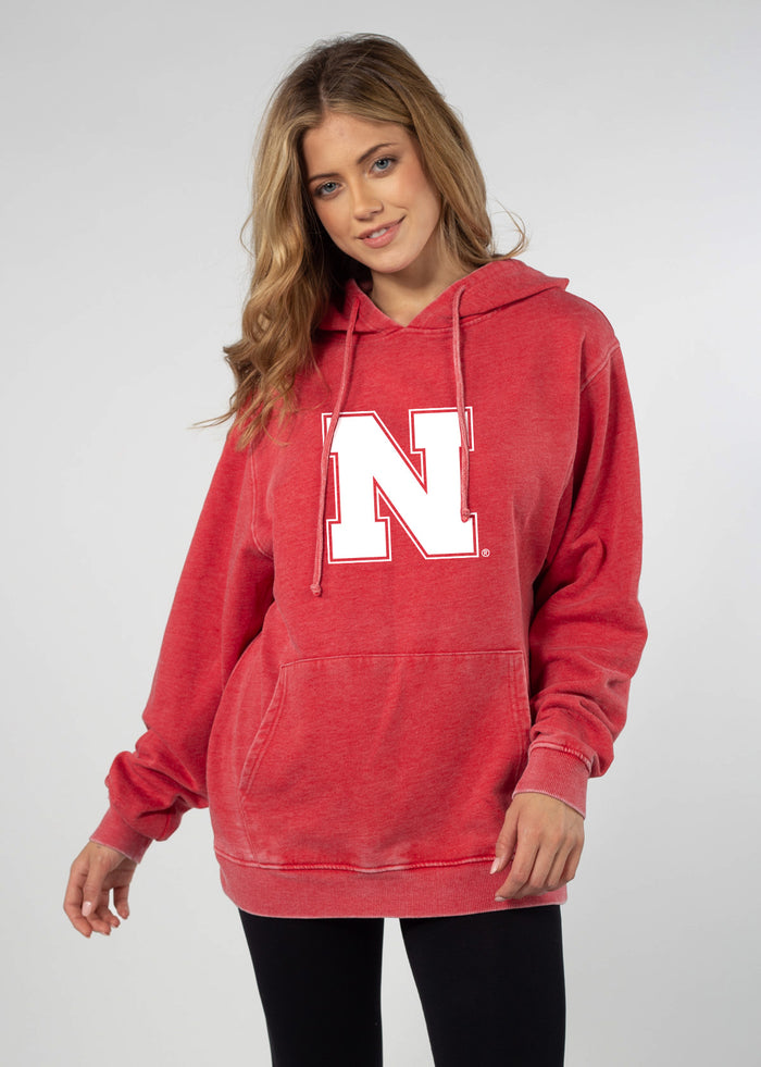 Nebraska Cornhuskers Unisex Cardinal Relaxed Burnout fleece Hoodie with Kangaroo pocket, drop shoulders, lived-in look and feel