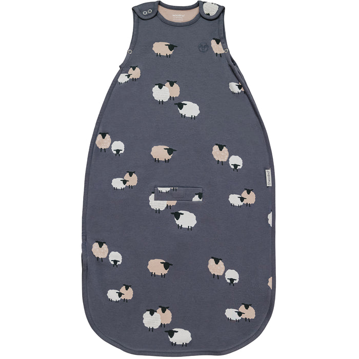 Dark blue baby sleeping bag with sheep pattern on a white background