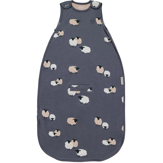 Dark blue baby sleeping bag with sheep pattern on a white background