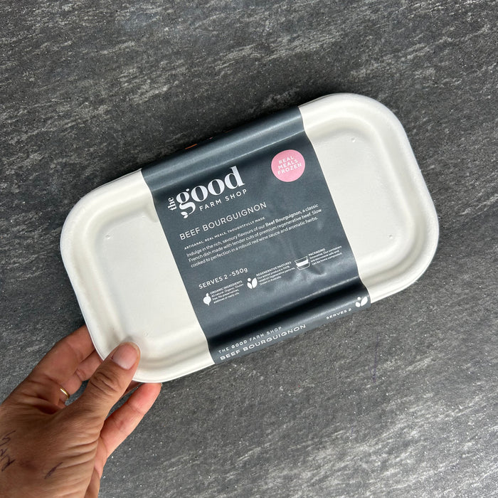 The Good Farm Shop beef bourguignon frozen meal, serves two, compostable packaging