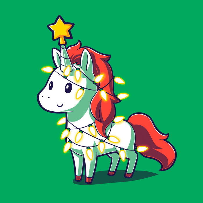 Classic Cotton T-shirt_TeeTurtle A Unicorny Christmas irish green apparel featuring a white unicorn with red mane and tail with a star on its horn and Christmas lights around it.