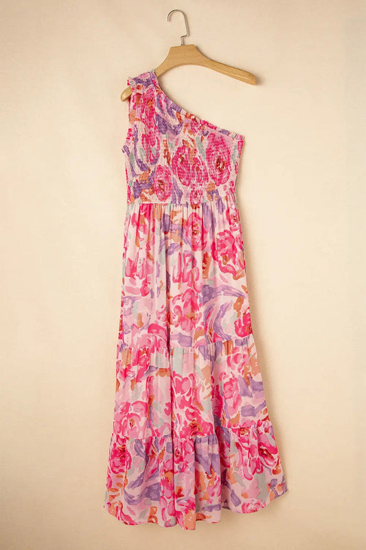 Pink Abstract Floral Print Shirred One Shoulder Maxi Dress - Dresses/Floral Dresses