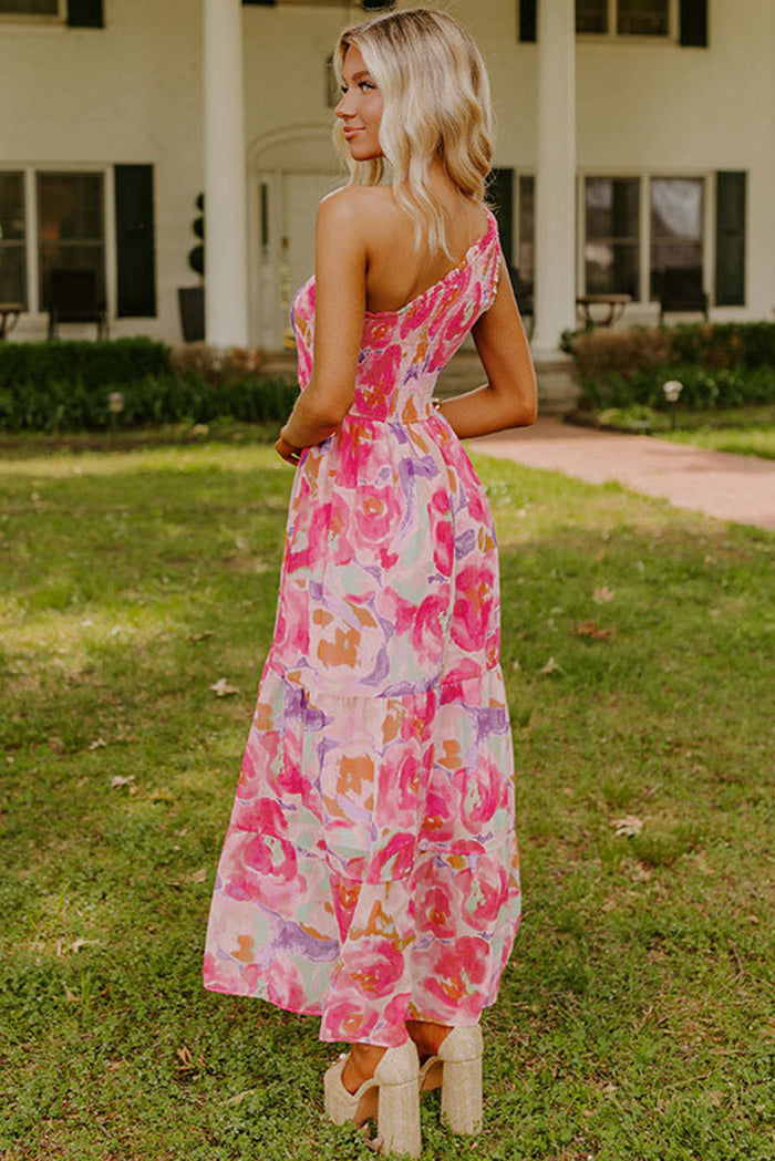 Pink Abstract Floral Print Shirred One Shoulder Maxi Dress - Dresses/Floral Dresses
