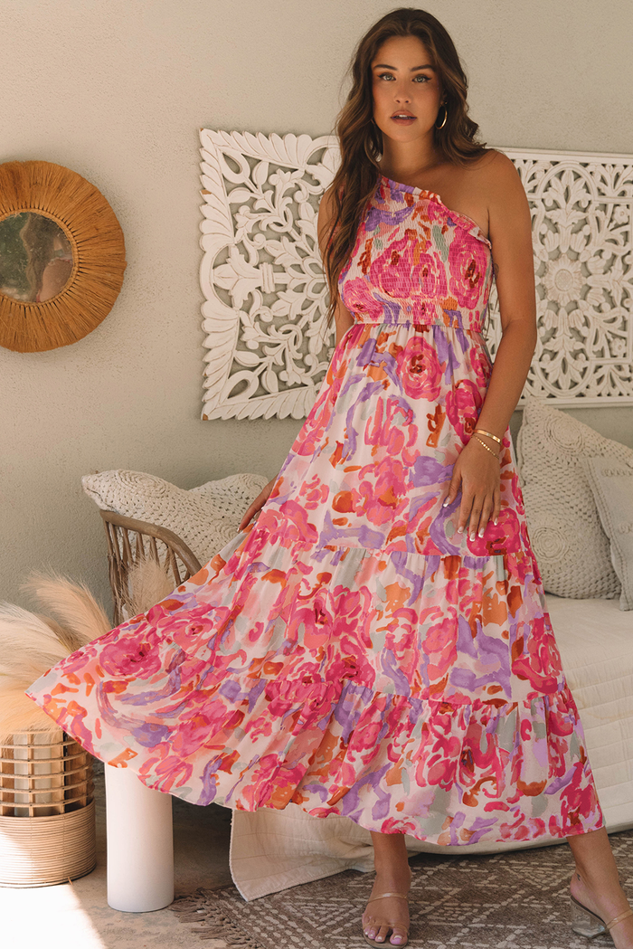 Pink Abstract Floral Print Shirred One Shoulder Maxi Dress - Dresses/Floral Dresses