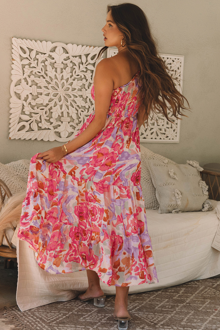 Pink Abstract Floral Print Shirred One Shoulder Maxi Dress - Dresses/Floral Dresses