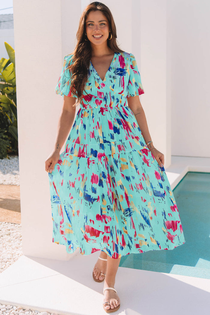 Abstract Print Short Puff Sleeve Tiered Maxi Dress - Sky Blue / S / 100% Polyester - Dresses/Maxi Dresses