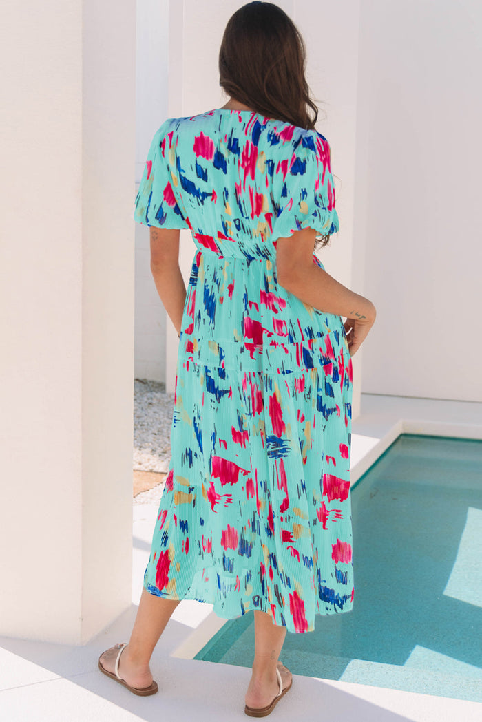 Abstract Print Short Puff Sleeve Tiered Maxi Dress - Dresses/Maxi Dresses