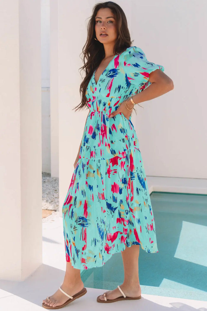 Abstract Print Short Puff Sleeve Tiered Maxi Dress - Dresses/Maxi Dresses