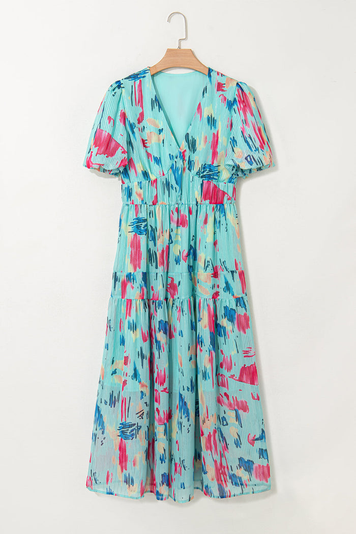 Abstract Print Short Puff Sleeve Tiered Maxi Dress - Dresses/Maxi Dresses