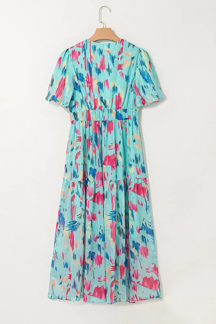 Abstract Print Short Puff Sleeve Tiered Maxi Dress - Dresses/Maxi Dresses