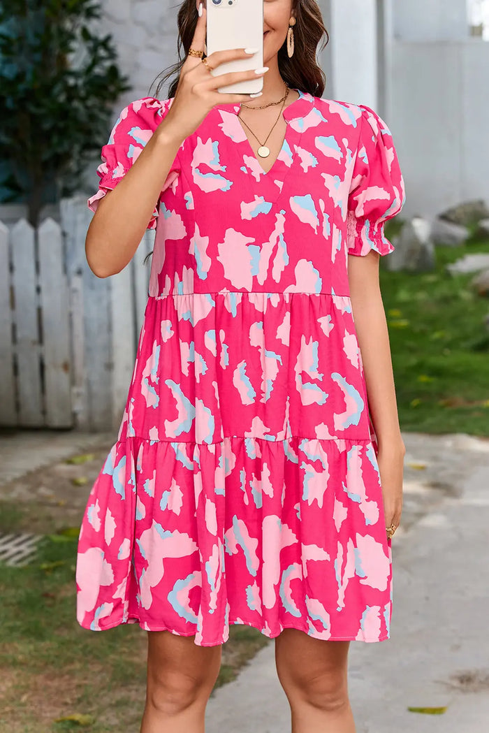 Pink Abstract Printed Puff Short Sleeve Tiered Loose Dress - PINK / S / 100% POLYESTER - Dresses/Mini Dresses