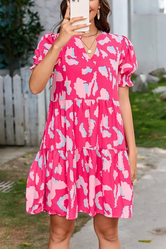 Pink Abstract Printed Puff Short Sleeve Tiered Loose Dress - PINK / S / 100% POLYESTER - Dresses/Mini Dresses