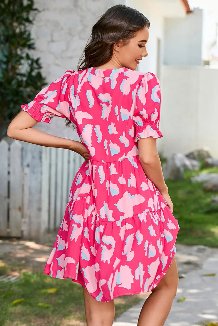 Pink Abstract Printed Puff Short Sleeve Tiered Loose Dress - Dresses/Mini Dresses